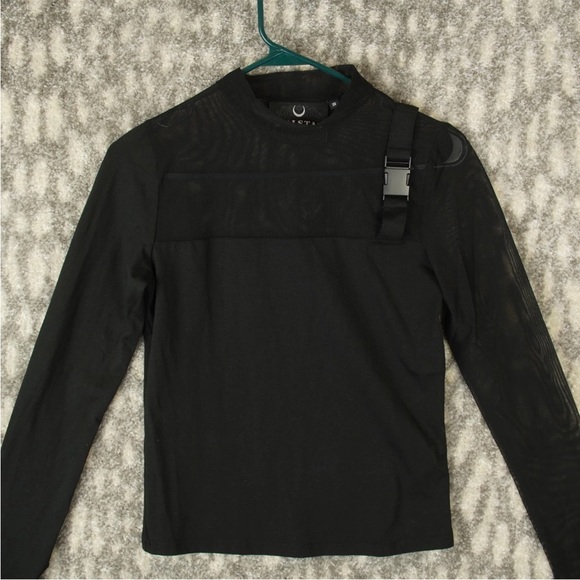 Killstar Half Mesh With Buckle Cross Left Shoulder Top Round Neck Womens S Black - Picture 3 of 13